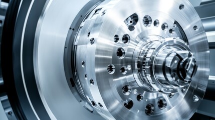 Poster - Detailed Close-Up of Precision Metal Machinery Component Showcasing Complex Design and Engineering, Perfect for Industrial and Technological Themes