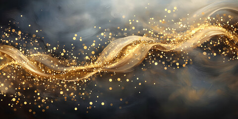 Poster - Golden Abstract Flow: A mesmerizing and ethereal abstract background with a golden wave of energy flowing through a black and grey sky, sprinkled with shimmering particles.