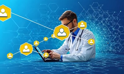 Poster - Telemedicine: Doctor using laptop for online patient consultations, digital healthcare, modern medicine, technology in healthcare.