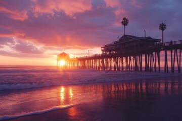 Wall Mural - ocean pier silhouette at sunset; vibrant colors. perfect for travel, vacation, or coastal themes; ev