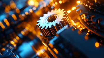Poster - High-Resolution Close-Up of Metallic Gears with Vibrant Lighting in a Mechanism, Showcasing Intricate Details and Textures for Technical and Industrial Themes