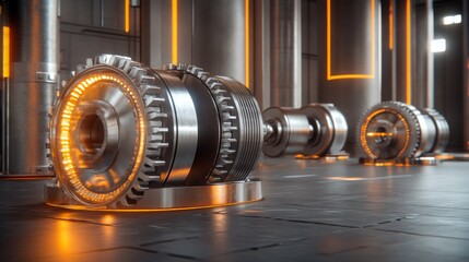 Poster - Industrial Machinery with Futuristic Gears Illuminated by Neon Lights in an Advanced Manufacturing Environment Featuring Modern Technology Elements