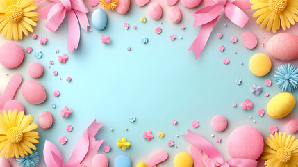 Aufkleber - Colorful pastel decorations with flowers and eggs on a light blue background