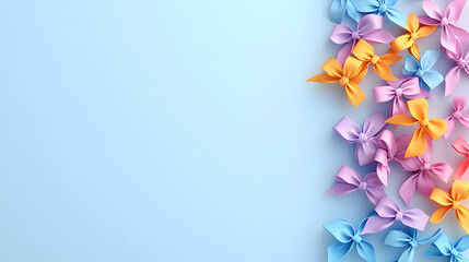 Poster - Colorful paper bows arranged on a pastel blue background for festive decoration
