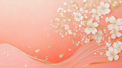 A cheerful pink Japanese-style paper design with delicate floral and wave patterns accented by gold for a festive New Year