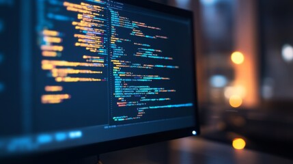 Poster - Computer Screen with Colorful Code Displayed in a Modern Workspace During Evening Hours, Highlighting the Art of Programming and Software Development