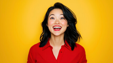 Wall Mural - Joyful woman expressing happiness and excitement with bright smile against vibrant yellow background showcasing positive emotions and cheerful energy