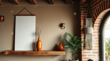 Earth tones and minimalist decor with wooden beam ceiling