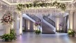© mashimara - Grand Staircase Wedding Venue: Lavish floral arrangements and sparkling lights adorn a majestic staircase in an elegant wedding venue. Perfect for showcasing romance, luxury, and sophistication.