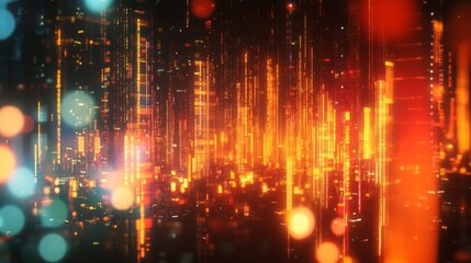 Leinwandbilder - Abstract glowing big data forex candlestick chart on blurry city backdrop. Trade, technology, investment and analysis concept. Double exposure