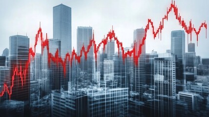Aufkleber - Economic crisis concept shown by declining graphs and digital indicators overlap modernistic city background. Double exposure.