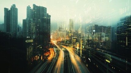Aufkleber - Economic crisis concept shown by declining graphs and digital indicators overlap modernistic city background. Double exposure.