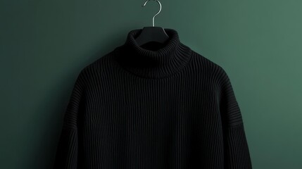 Poster - Black turtleneck sweater hanging on a hanger against a dark green background.