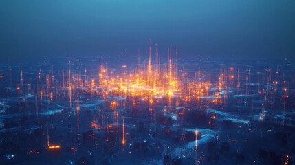 Poster - Smart city with speed line glowing light trail surround the city. big data connection technology concept