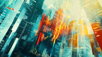 Poster - Stock market business concept. Financial graphs and digital indicators with modernistic urban area and skyscrapers as background. Double Exposure.