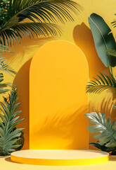 Poster -  A bright setup ideal for product presentation, branding, and Vibrant yellow display platform surrounded by lush tropical plants in pots.