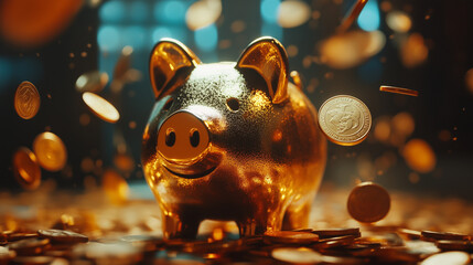 Piggy bank with falling coins. Savings and investment