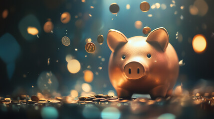 Piggy bank with falling coins. Savings and investment