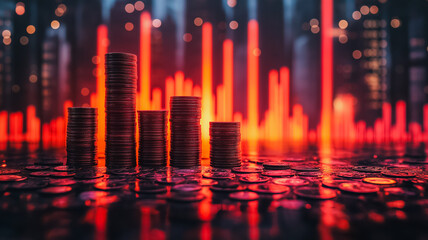 Poster - A stack of coins is shown in a red background. The coins are arranged in a pyramid shape, with the top coin being the largest. Concept of wealth and prosperity, as the coins are stacked high