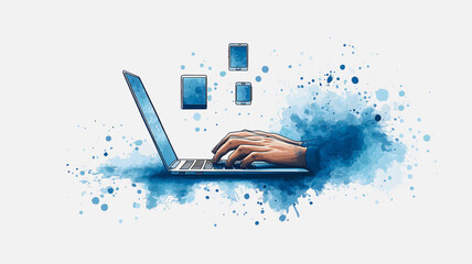 Poster - A blue laptop with a hand typing on it. The image is of a person typing on a laptop