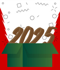 Poster - Number 2025 with cardboard box. Vector cartoon folded card box illustration.