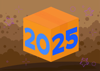 Poster - Number 2025 with cardboard box. Vector cartoon folded card box illustration.