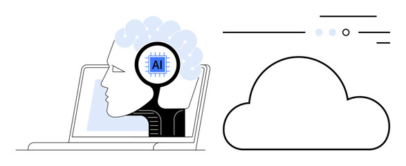 Poster - Profile of a human head with an AI chip, emerging from a laptop next to a cloud icon. Ideal for AI development, technology integration, cloud computing, data storage, machine learning, innovation
