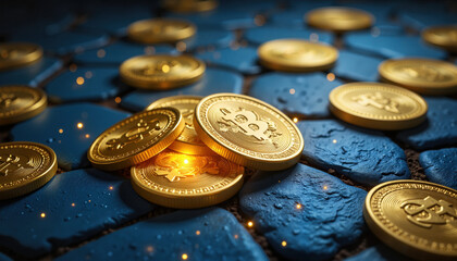 Gold coins scattered on textured blue surface with glowing light