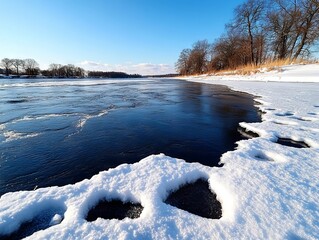 Wall Mural - A frozen river with footprints in the snow on the shore