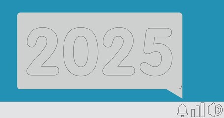 Poster - Number 2025 on notification bubble from portable information device screen. Mobile app message, connection, communication concept. Animated video.
