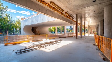 Poster - a concrete structure with exposed rebar, surrounded by construction barriers.