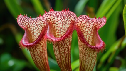 Three Red Pitcher Plants in Focus