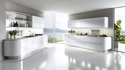 Poster - A minimalistic clean kitchen design with glossy surfaces, organized shelves, and fresh plants for a touch of nature.