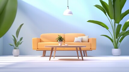 Poster - Contemporary living room design featuring a minimalist coffee table, cozy sofa, and decorative plants.