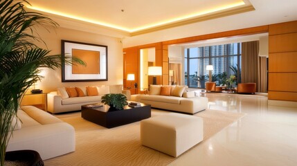 Poster - Elegant luxury apartment living room with designer furniture and modern decor.