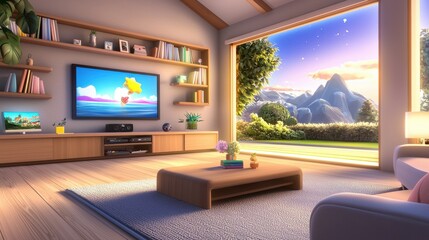 Poster - Home living room with a smart TV, bookshelves, and a comfortable ambiance.