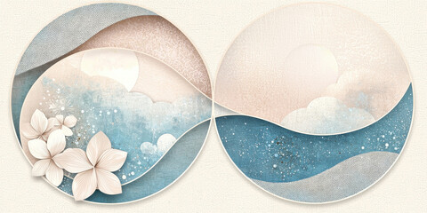 Poster - Elegant abstract art featuring two overlapping circles with soft colors and floral elements