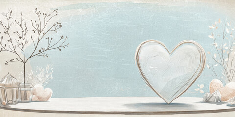 Poster - serene heart illustration surrounded by delicate plants and crystals