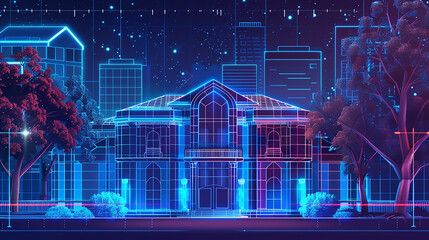 Wall Mural - Neon mega city capital towers with futuristic technology background, future modern building virtual reality, night life style concept a blue and pink abstract background with a swirl,
