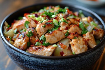 Wall Mural - Delicious roasted chicken bites with green vegetables and fresh herbs in a bowl