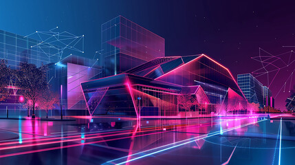 Poster - Abstract glowing dots and lines creating a digital data landscape futuristic city skyline glowing with neon lights, set against a circuit board, symbolizing the integration of technology,
