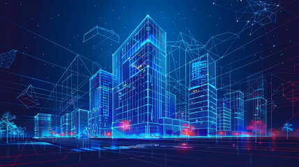 Poster -  Futuristic Urban Landscape with Glowing Lights  Digital Skyscrapers and Illuminated Network
