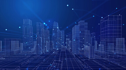 Poster -  Futuristic Urban Landscape with Glowing Lights  Digital Skyscrapers and Illuminated Network