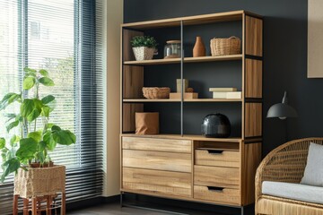 Wall Mural - Modern Wooden Shelving Unit With Storage Drawers