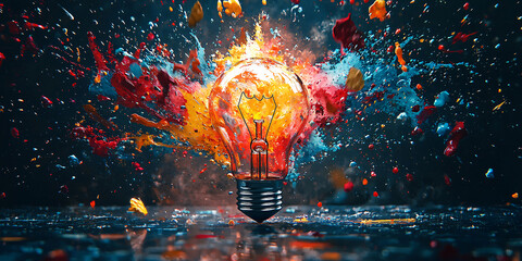 Wall Mural - Creative colorful light bulb explosion with blue, yellow and pink splash on a background, creativity idea. Light bulb and paint, concept. Think different. Paint with splashes
