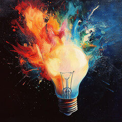 Wall Mural - Creative colorful light bulb explosion with blue, yellow and pink splash on a background, creativity idea. Light bulb and paint, concept. Think different. Paint with splashes
