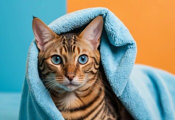 A Bengal cat wrapped in a blue towel, looking directly into the camera against a bright orange background.