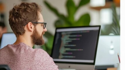 Man working on computer, coding in office. Close up view. Workplace background for web, presentation, social media.