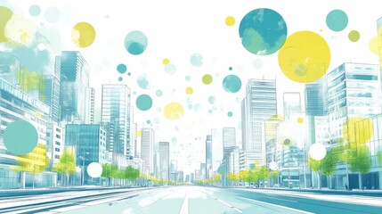 Sticker - Cityscape with colorful circles floating above a wide road.