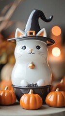 Cute Halloween cat figurine with pumpkins. AI.